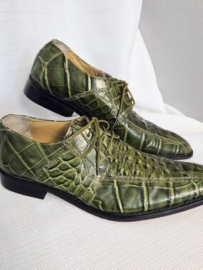 Giorgia Brutini Derby Dress Shoes Sz 10 Green Leather Crocodile Print Business